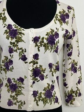 Purple Floral Scoop Neck Cardigan Sweater